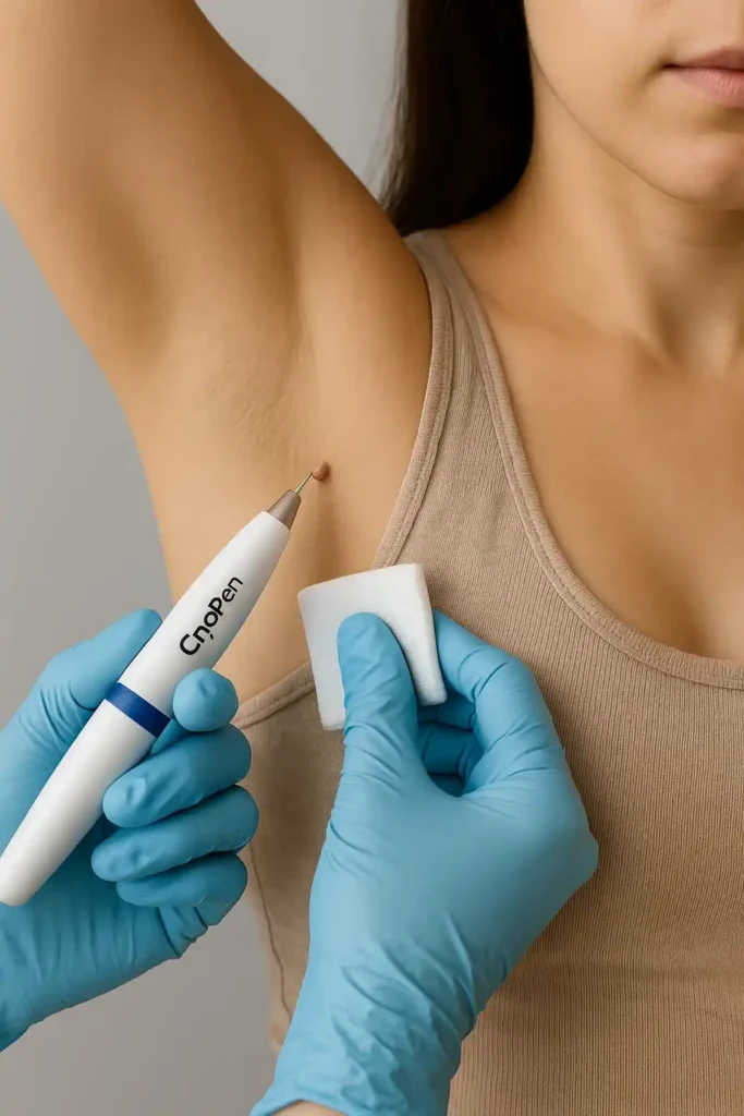 woman having cryopen to remove underarm skin tags Norbiton